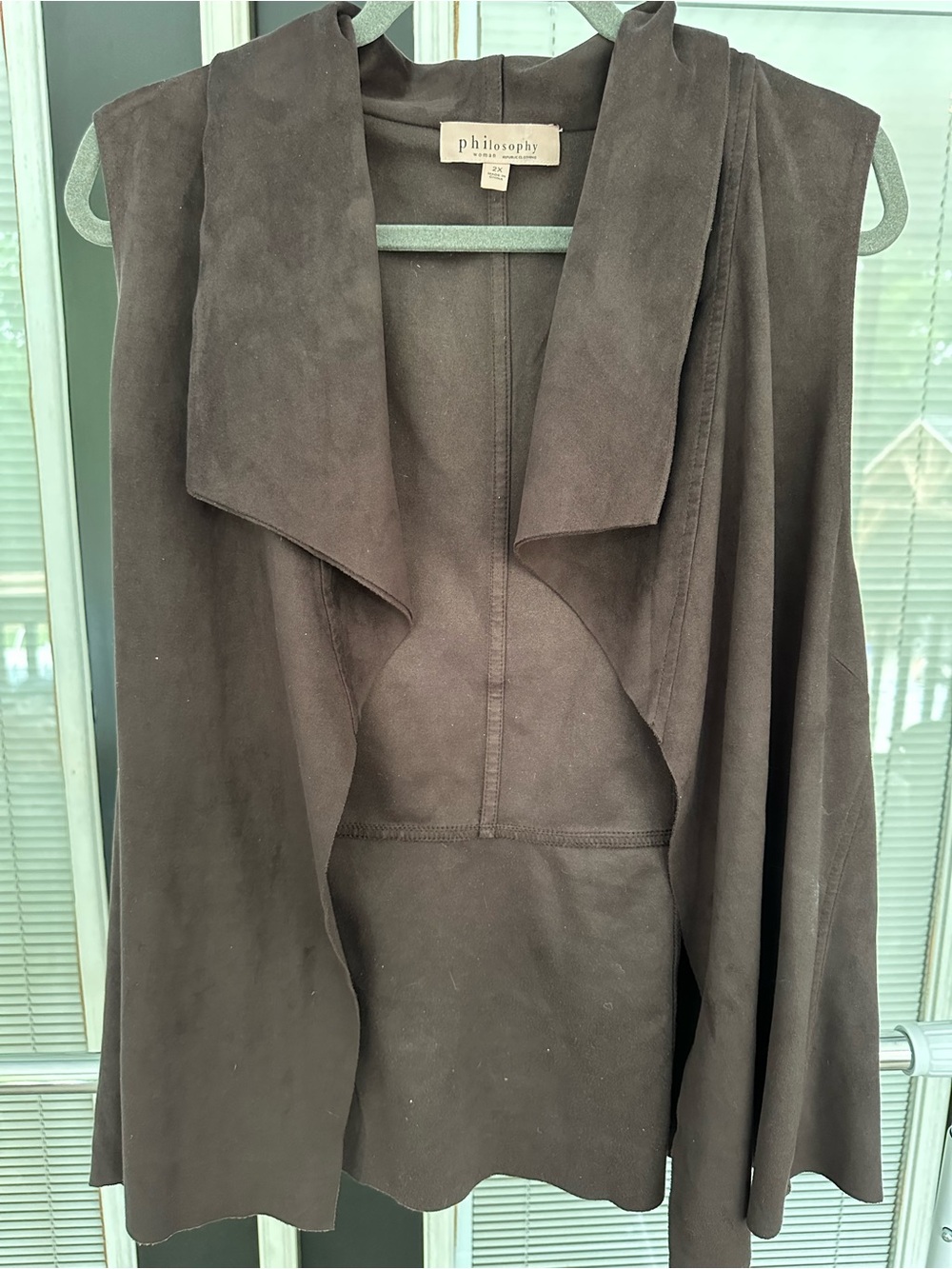 Size 2X Philosophy Chocolate Brown Suede Draped Open Front Jacket